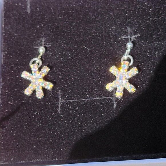 Ab Rhinestone Snowflake Earrings, Silver Plated and Crystals Dangle - Picture 4 of 5